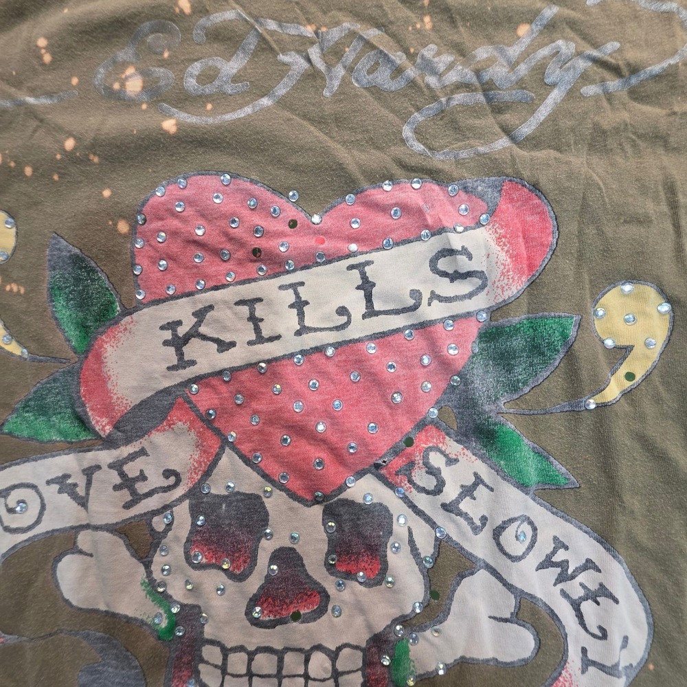 Ed Hardy Love Kills Slowly Rhinestone Bleach Splatter T-Shirt Olive Green M - Picture 4 of 13
